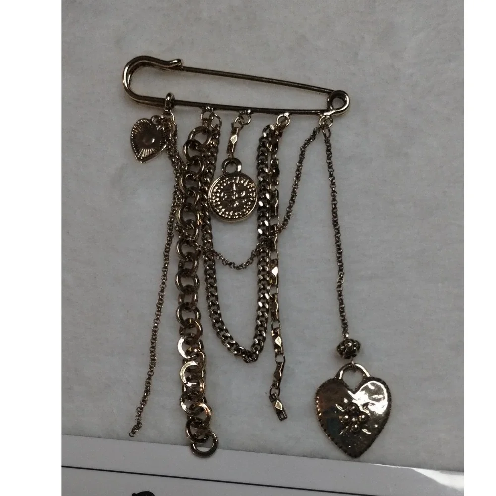 Gold Tone Safety Pin Brooch with Heart Coin‎ Charms and Multi-Chain Dangles